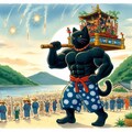 水彩風　黒猫の国　黒猫祭りで神輿を担いで練り歩く浴衣筋肉黒猫 4枚目
