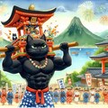 水彩風　黒猫の国　黒猫祭りで神輿を担いで練り歩く浴衣筋肉黒猫 3枚目