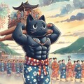 水彩風　黒猫の国　黒猫祭りで神輿を担いで練り歩く浴衣筋肉黒猫 2枚目