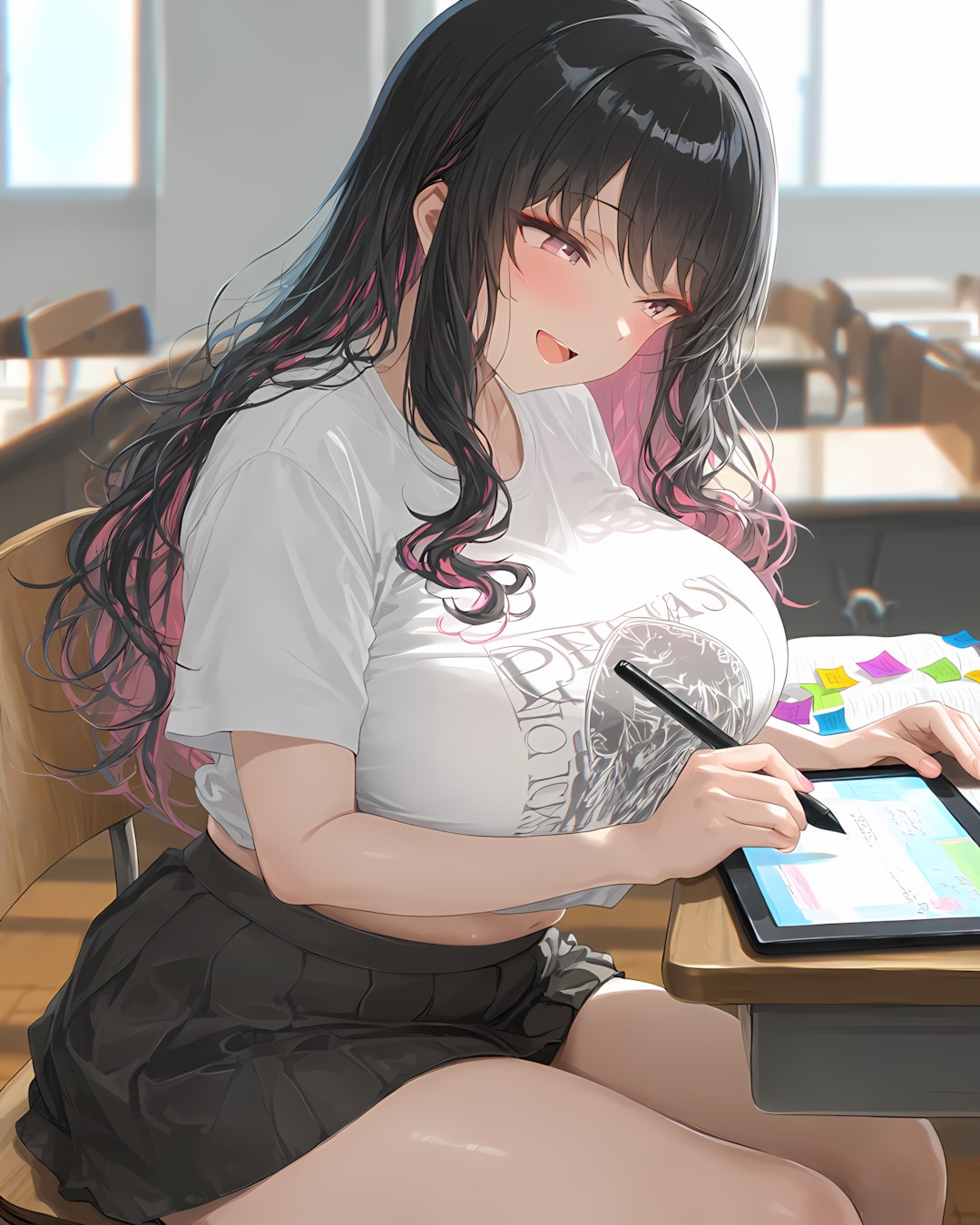 【学びの日常】講義室で課題チェック♡クロップドTギャル学びタイム