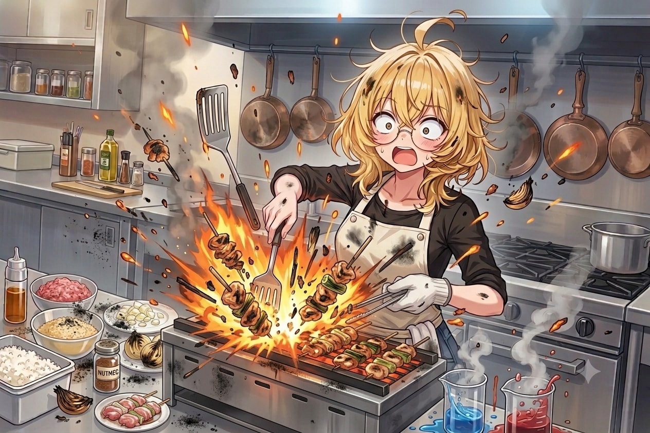 理久さん、焼き鳥を焼く