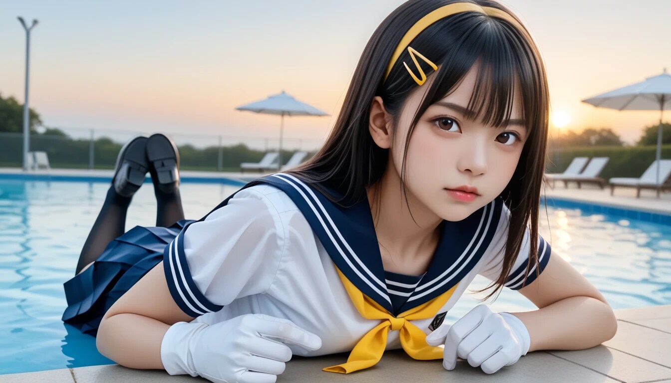 制服のまま、二人だけの開放的な誰もいない夕暮れプール。
