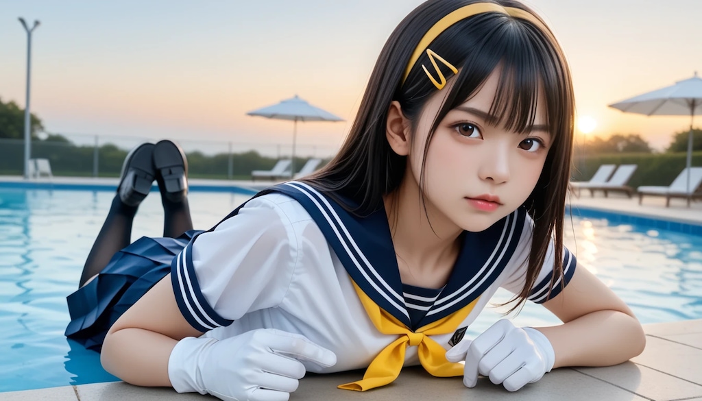 制服のまま、二人だけの開放的な誰もいない夕暮れプール。