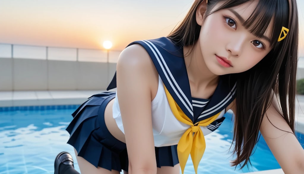 制服のまま、二人だけの開放的な誰もいない夕暮れプール。