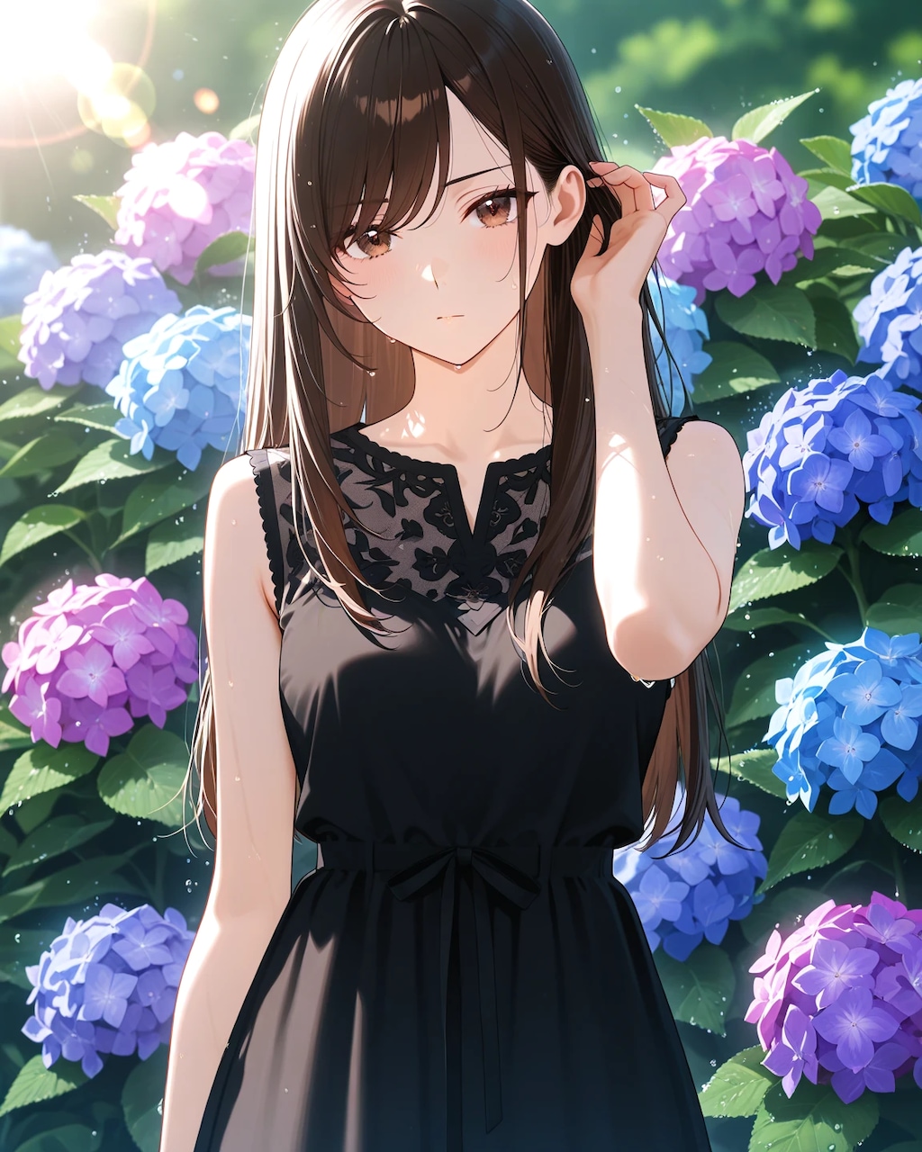紫陽花と黒ドレス