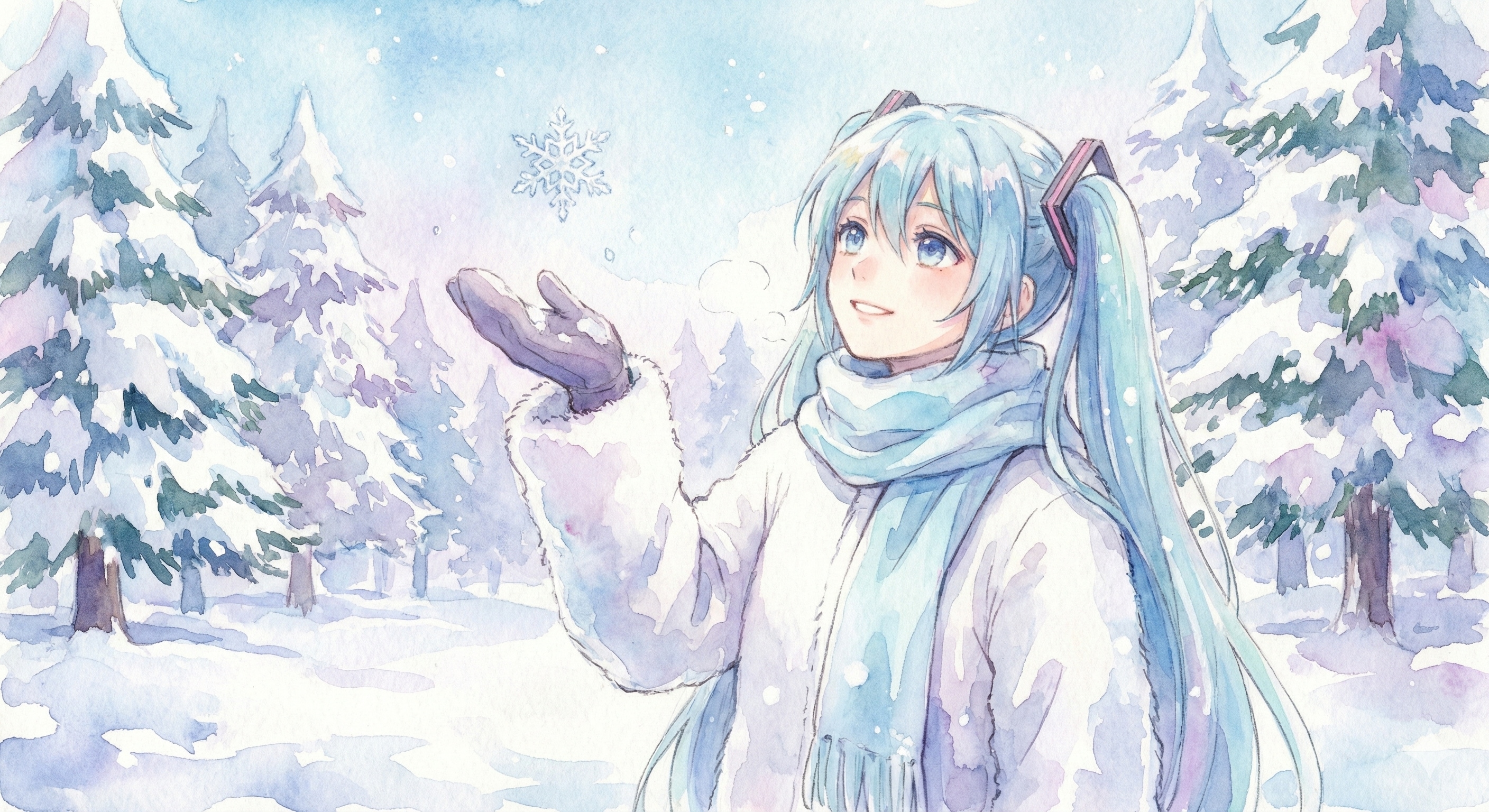 水彩画ミクさん　ふわふわコートと、空からの贈り物 | の人気AIイラスト・グラビア