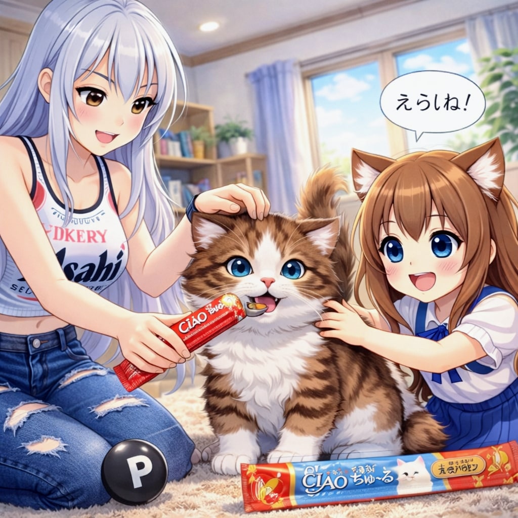 点Pを捕まえたねこさまにお礼する女の子