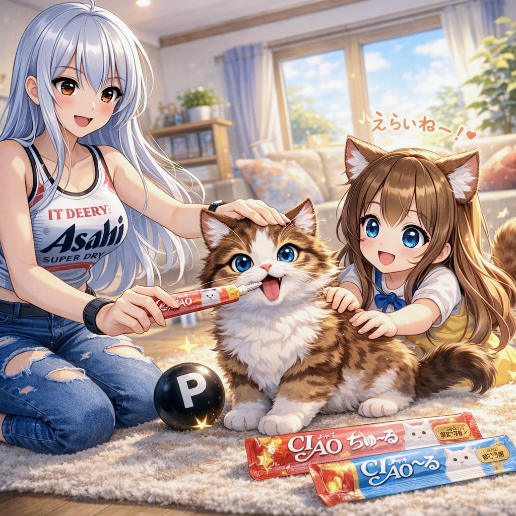 点Pを捕まえたねこさまにお礼する女の子