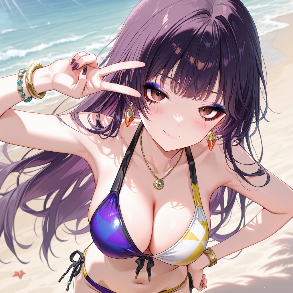 ビーチでピースするギャルお姉さん