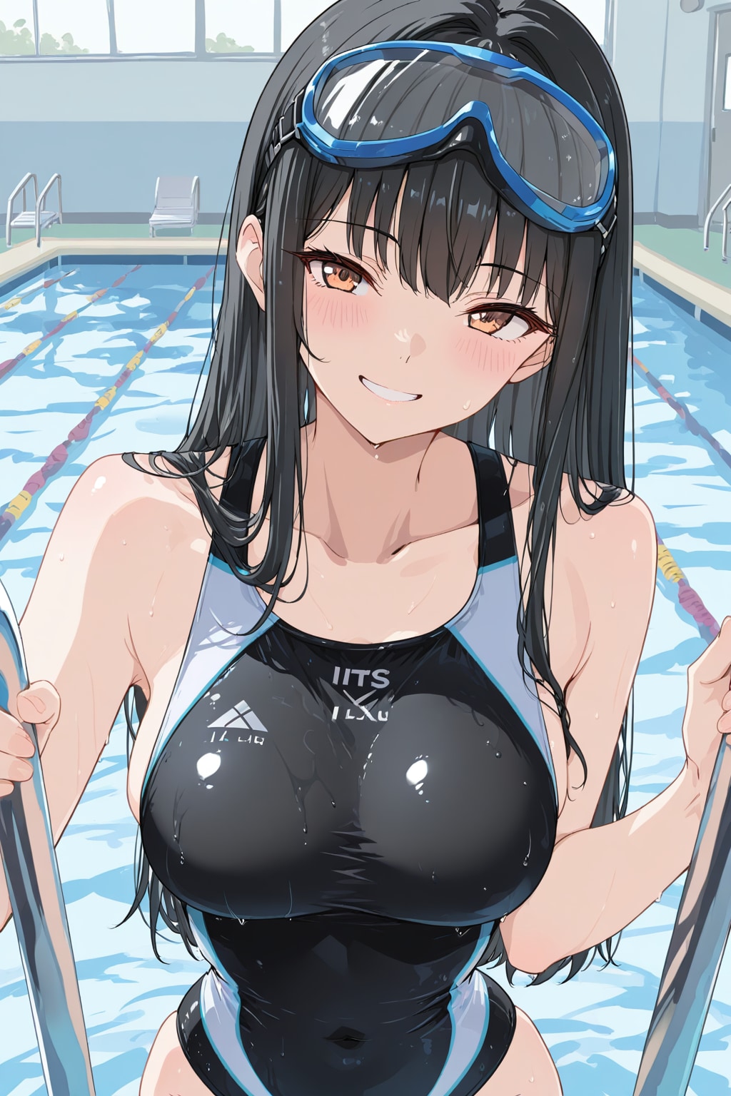 プールから上がる競泳水着の少女
