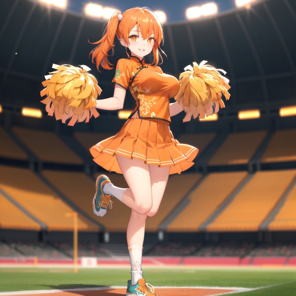 ポンポンを降って踊ってるチャイナチアの女の子