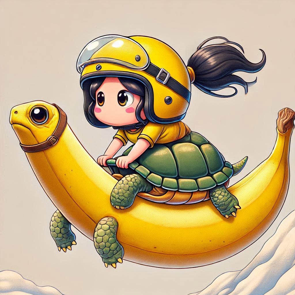 亀の頭をしたバナナに跨がる少女