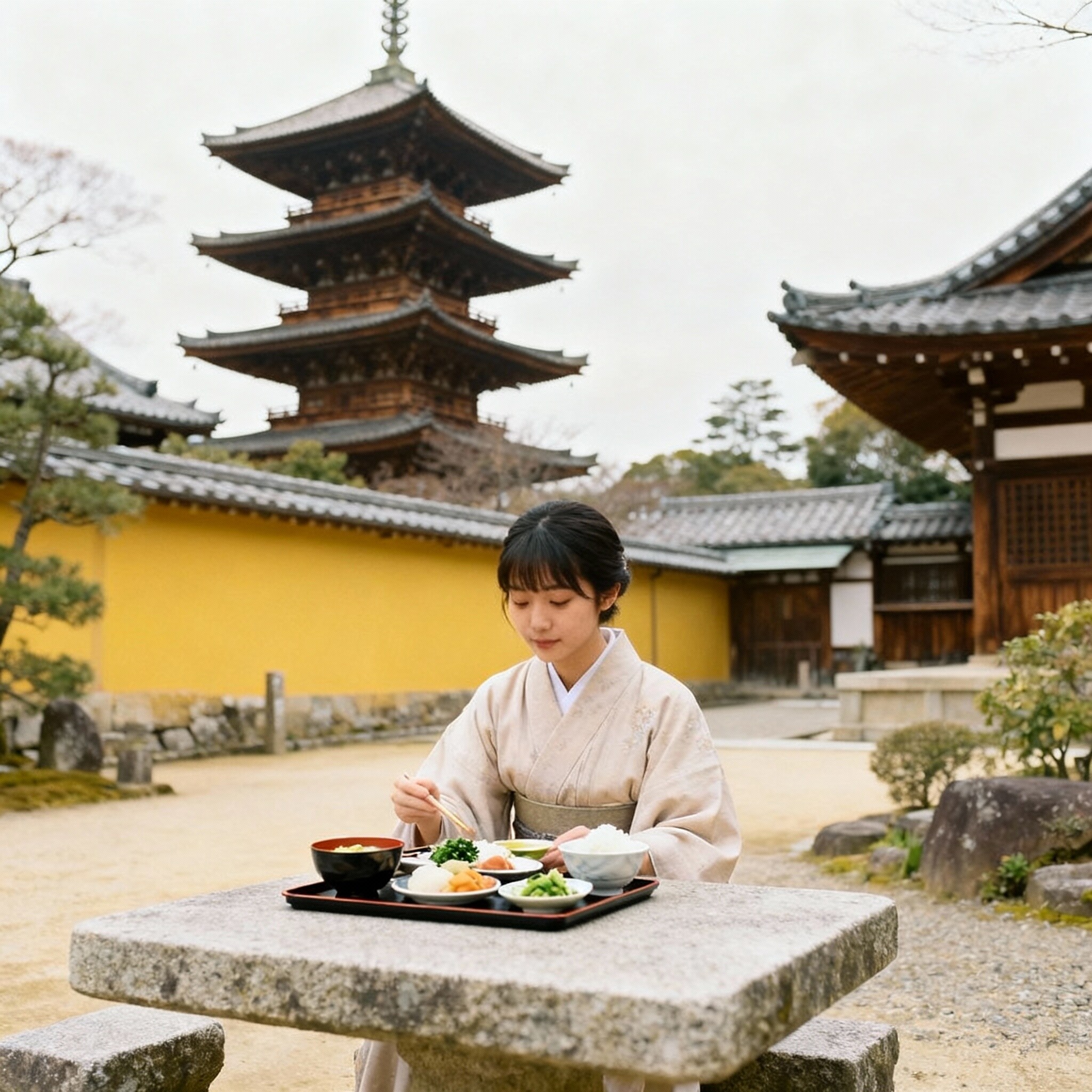 お寺の三重塔を見ながら精進料理を食べるお姉ちゃん | の人気AIイラスト・グラビア