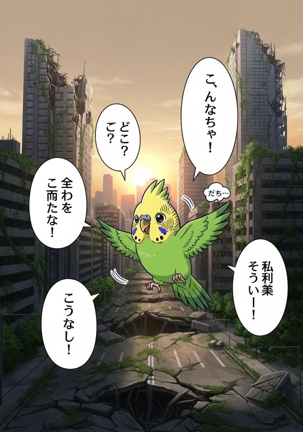 終末の世界でインコさんが何か喋ってる