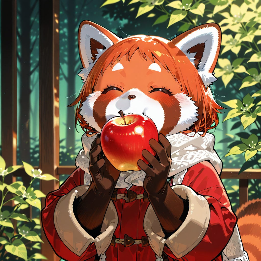 リンゴを食べる獣人の娘（レッサーパンダ）