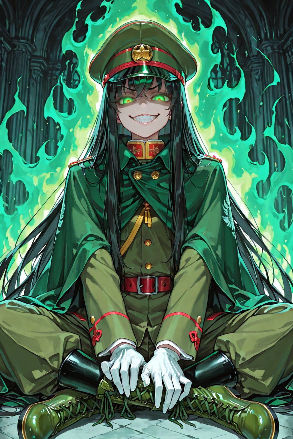 green Imperial Japanese Army Uniforms/Spooky atmosphere, Evil Aura,dark aura/lotus position | の人気AIイラスト・グラビア