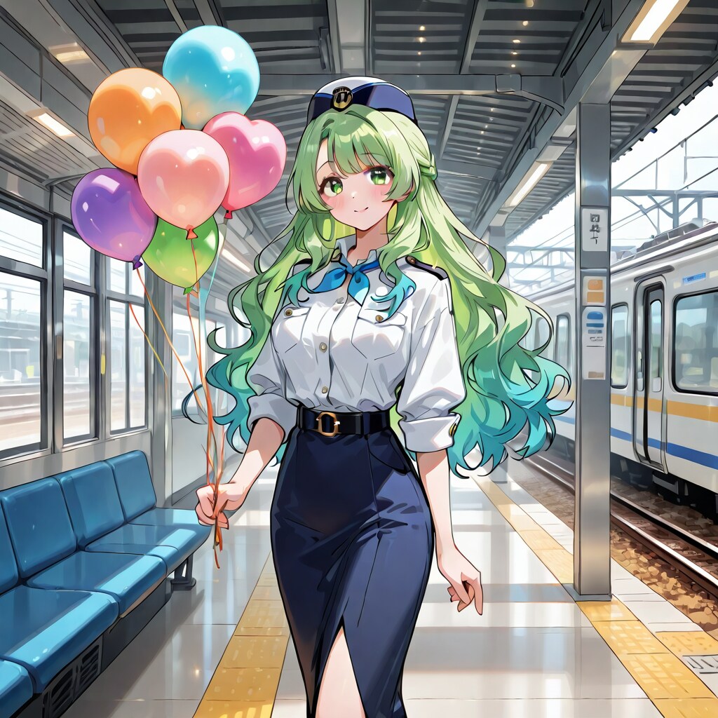 いっぱい色とりどりの風船を持つ緑髪ウェーブロングヘアの電車の駅員の美女