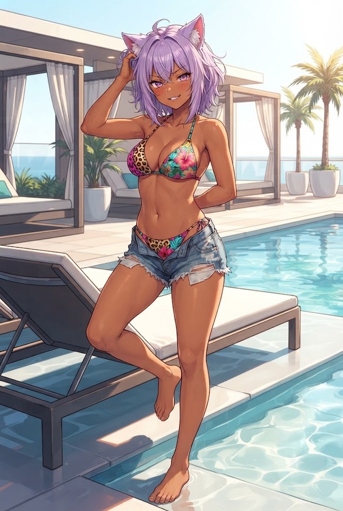 モデル立ちの短パンビキニ日焼けギャルシス