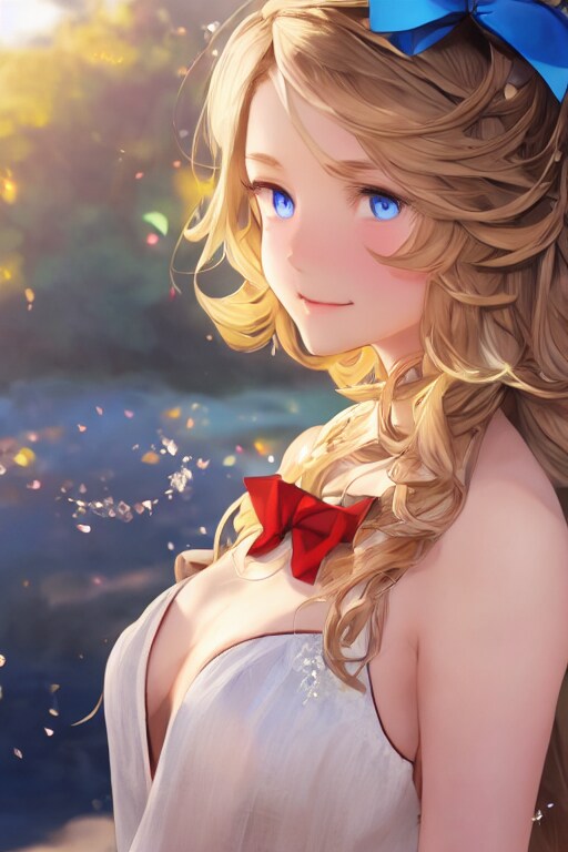 青いリボンをつけた金髪の女性