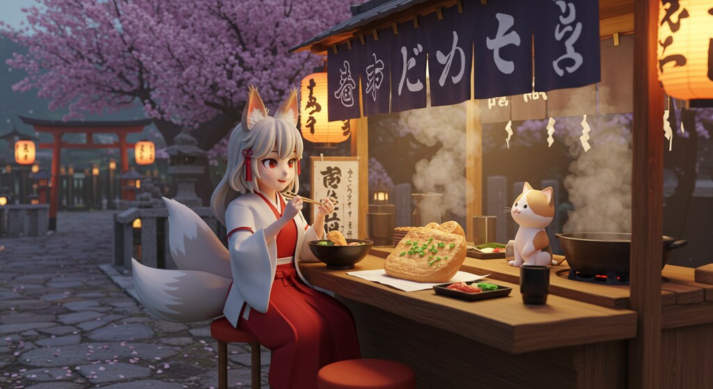 狐巫女と子猫、きつねうどんの夜