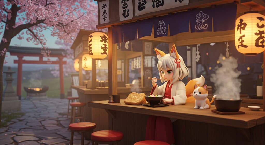 狐巫女と子猫、きつねうどんの夜