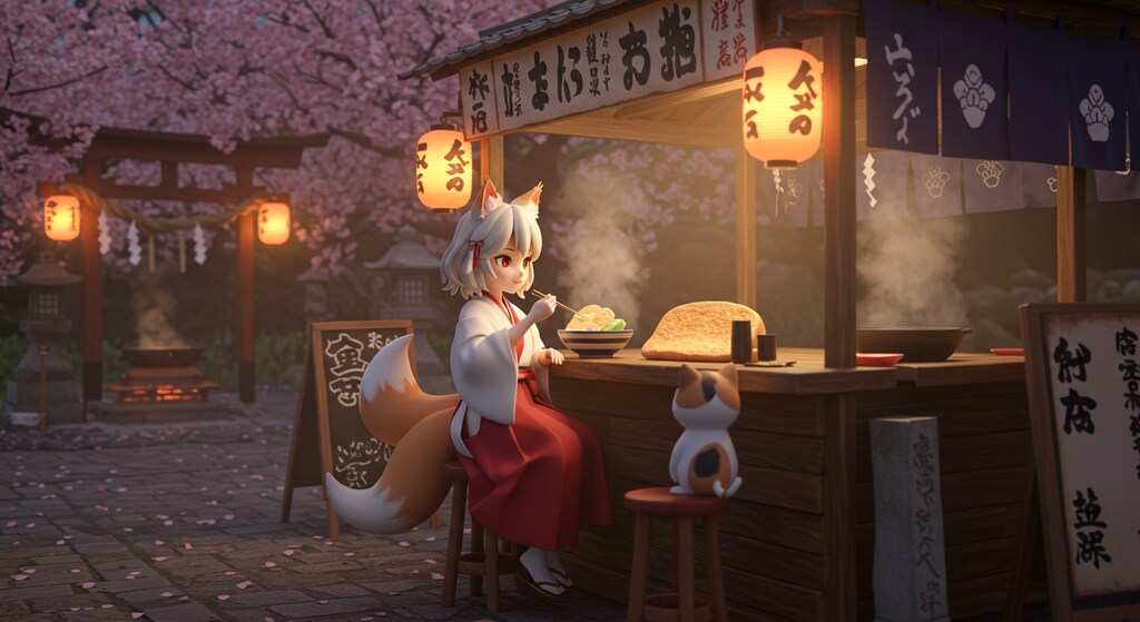 狐巫女と子猫、きつねうどんの夜