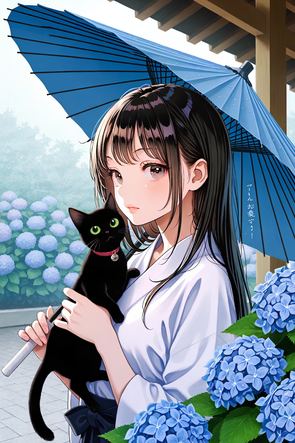 紫陽花と黒猫の女