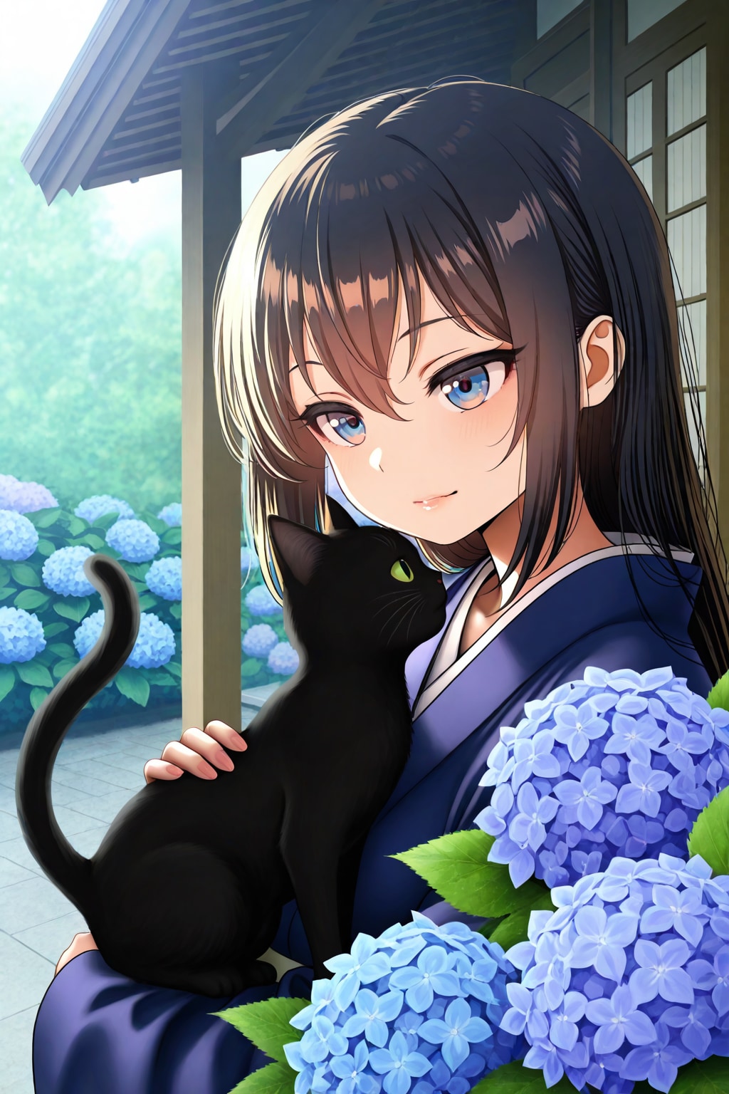 紫陽花と黒猫の女