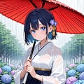 雨の日に和傘を差した「紫陽花娘」 3枚目