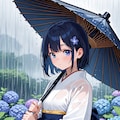 雨の日に和傘を差した「紫陽花娘」 2枚目