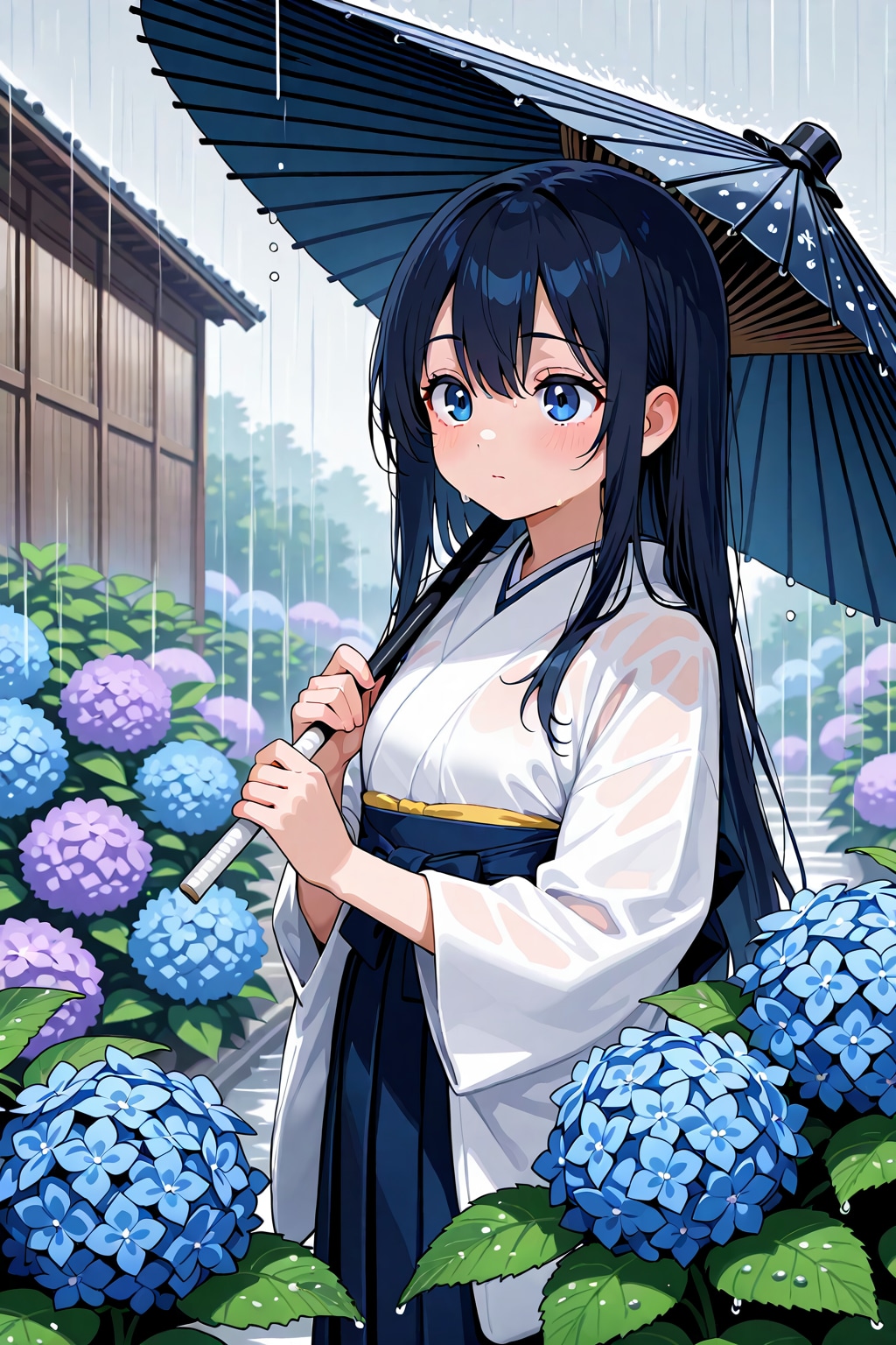雨の日に和傘を差した「紫陽花娘」
