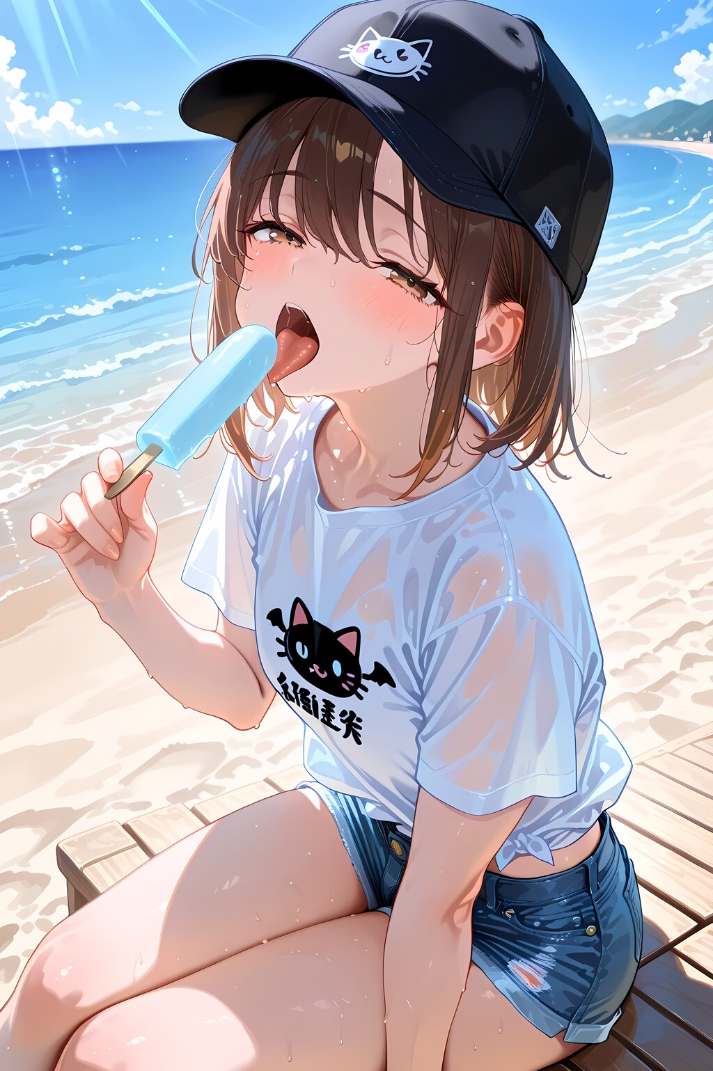海辺でアイスを食べる