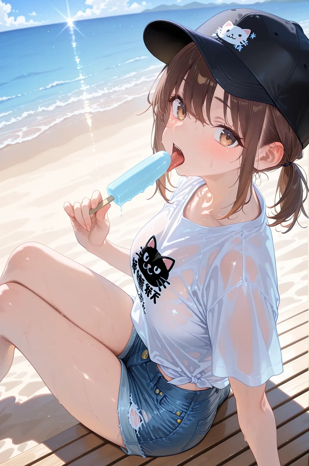 海辺でアイスを食べる