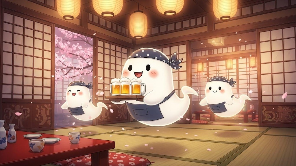 忘年会の準備をするお化けスタッフ達