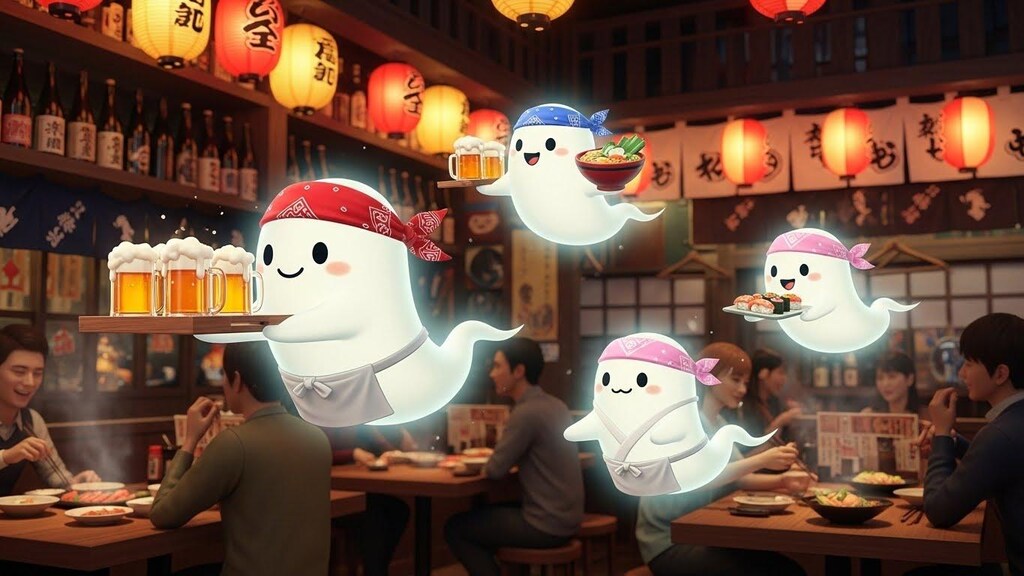 忘年会の準備をするお化けスタッフ達