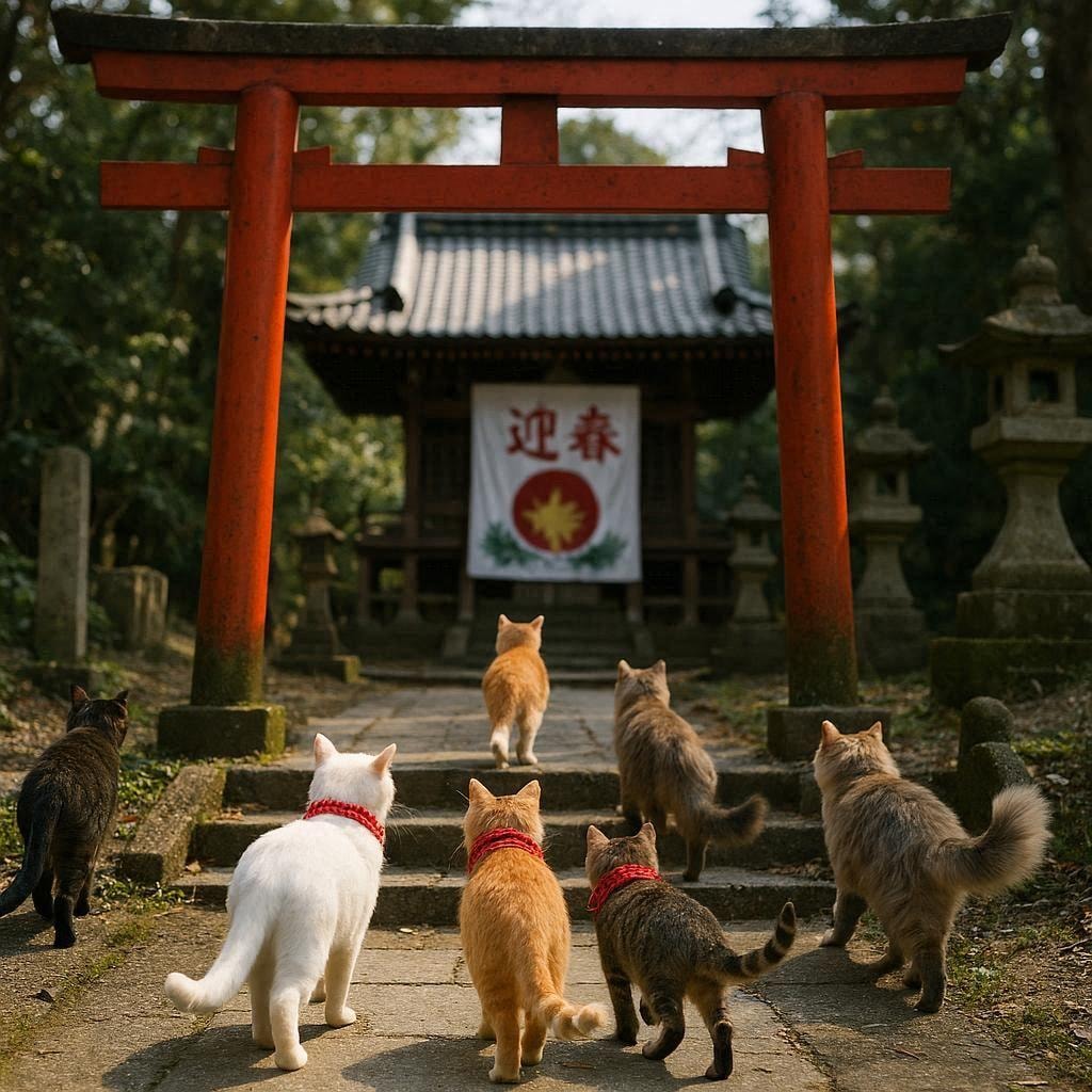 初詣に行く猫