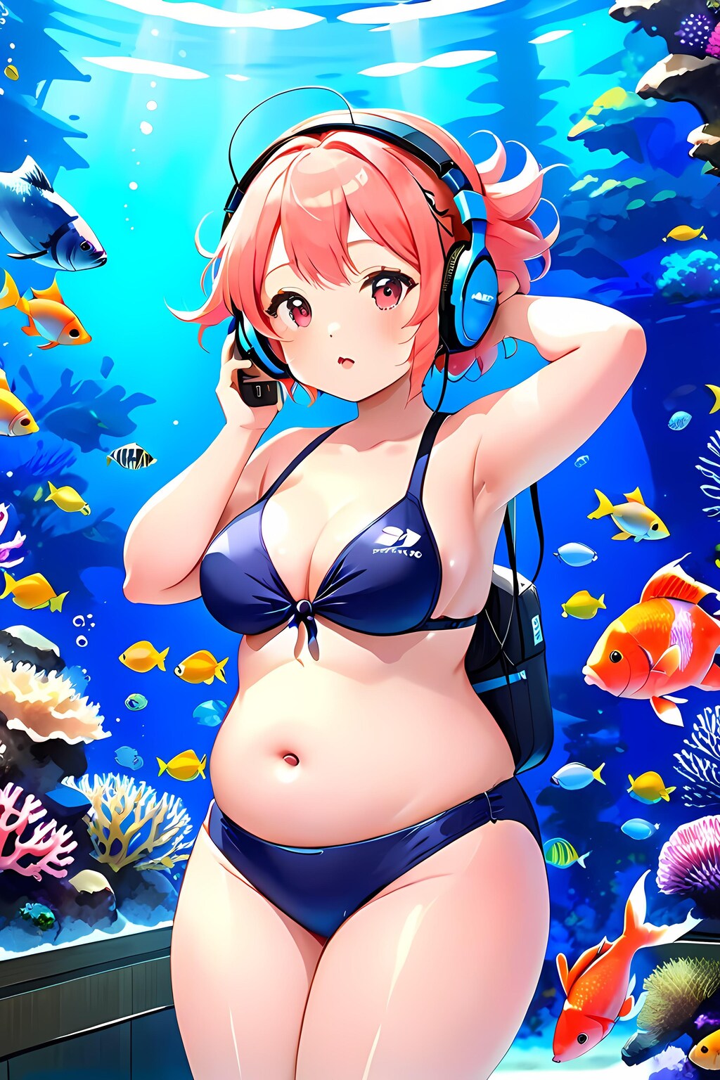 水族館の水槽の中に居るぽっちゃり女子