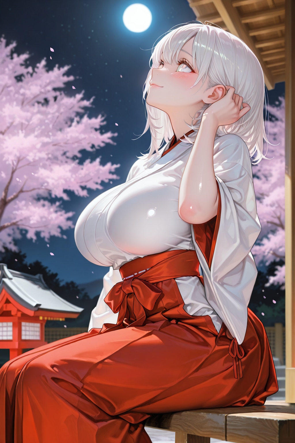 月夜の神社と桜並木と真っ白お姉さん