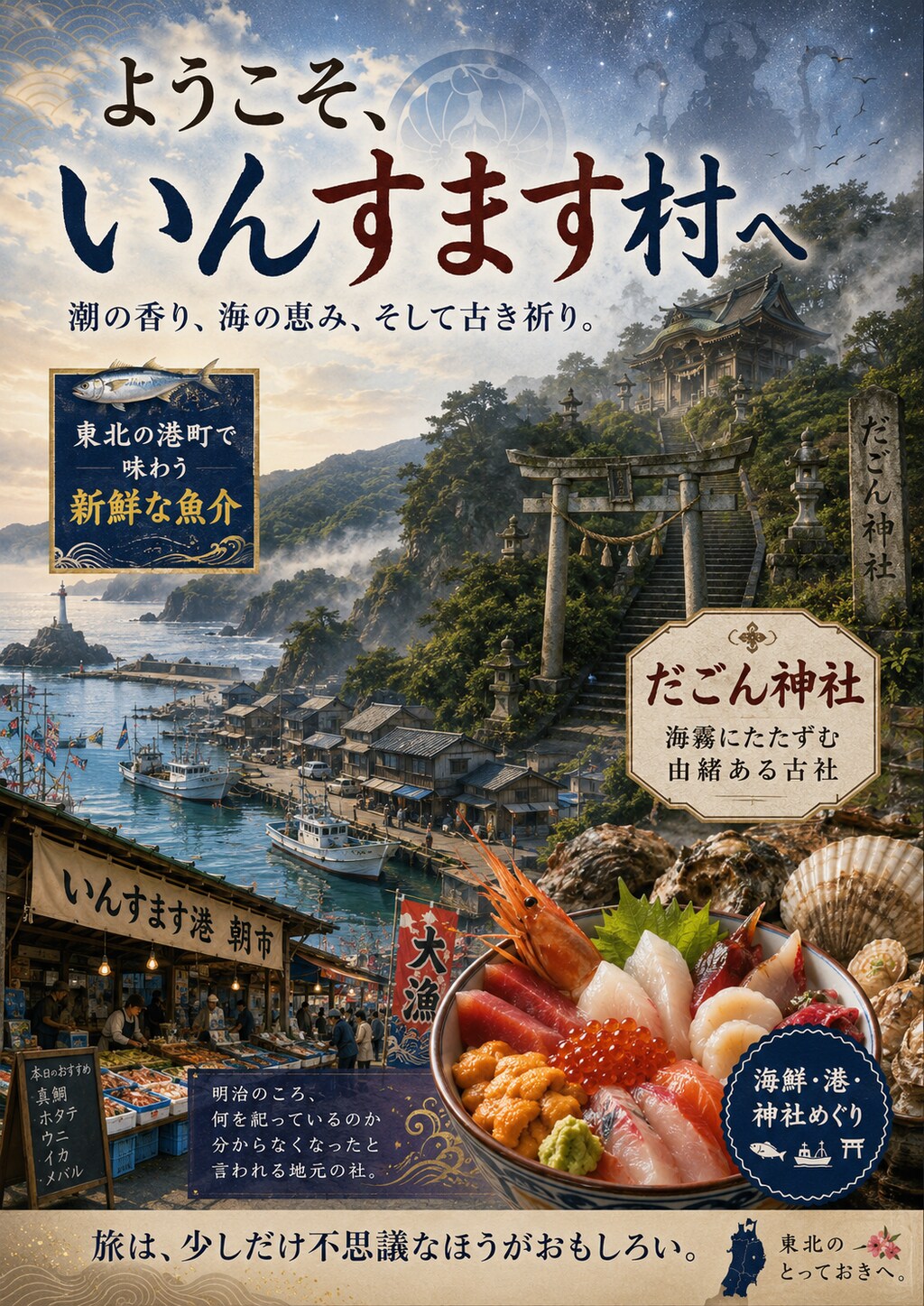 日本の東北にあるタイプの「いんすます村」の観光広告