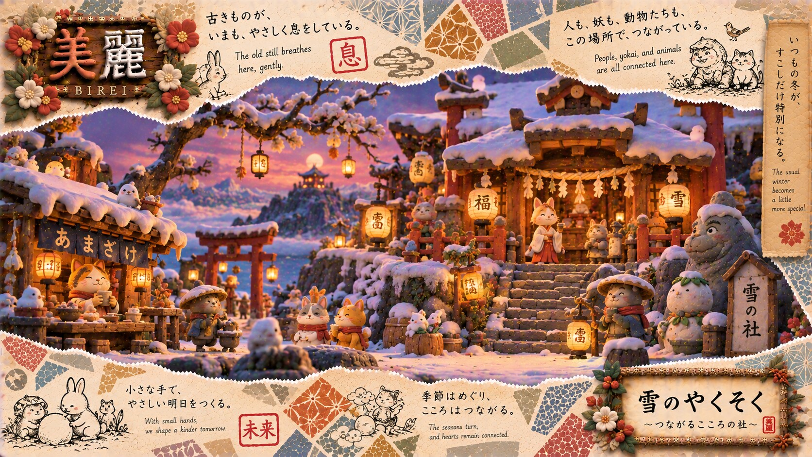 Snow Lantern Yokai Festival — A Shrine of Connected Hearts  The old still breathes here, gently.  As | の人気AIイラスト・グラビア