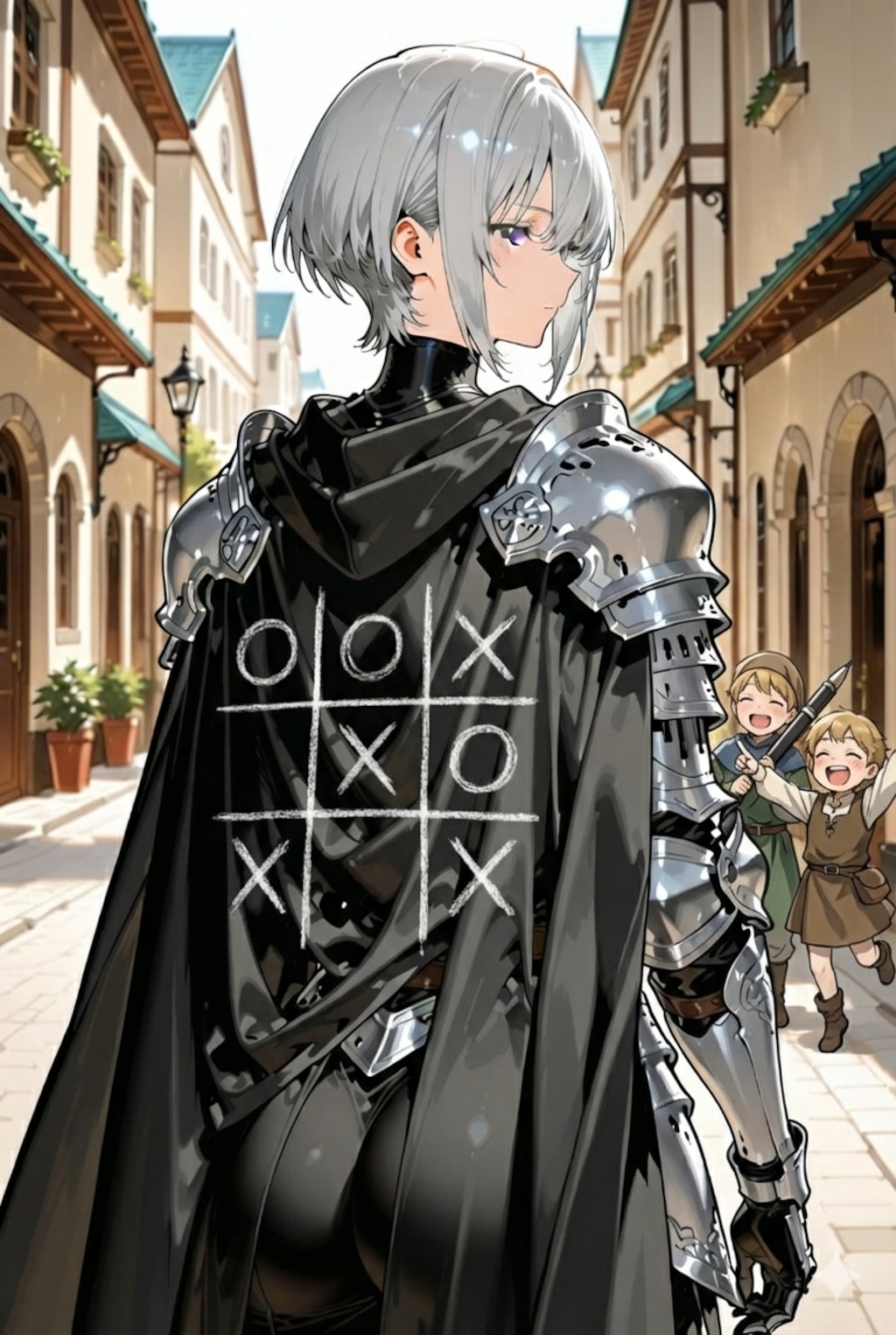 背中のマントで遊ばれてしまう騎士様