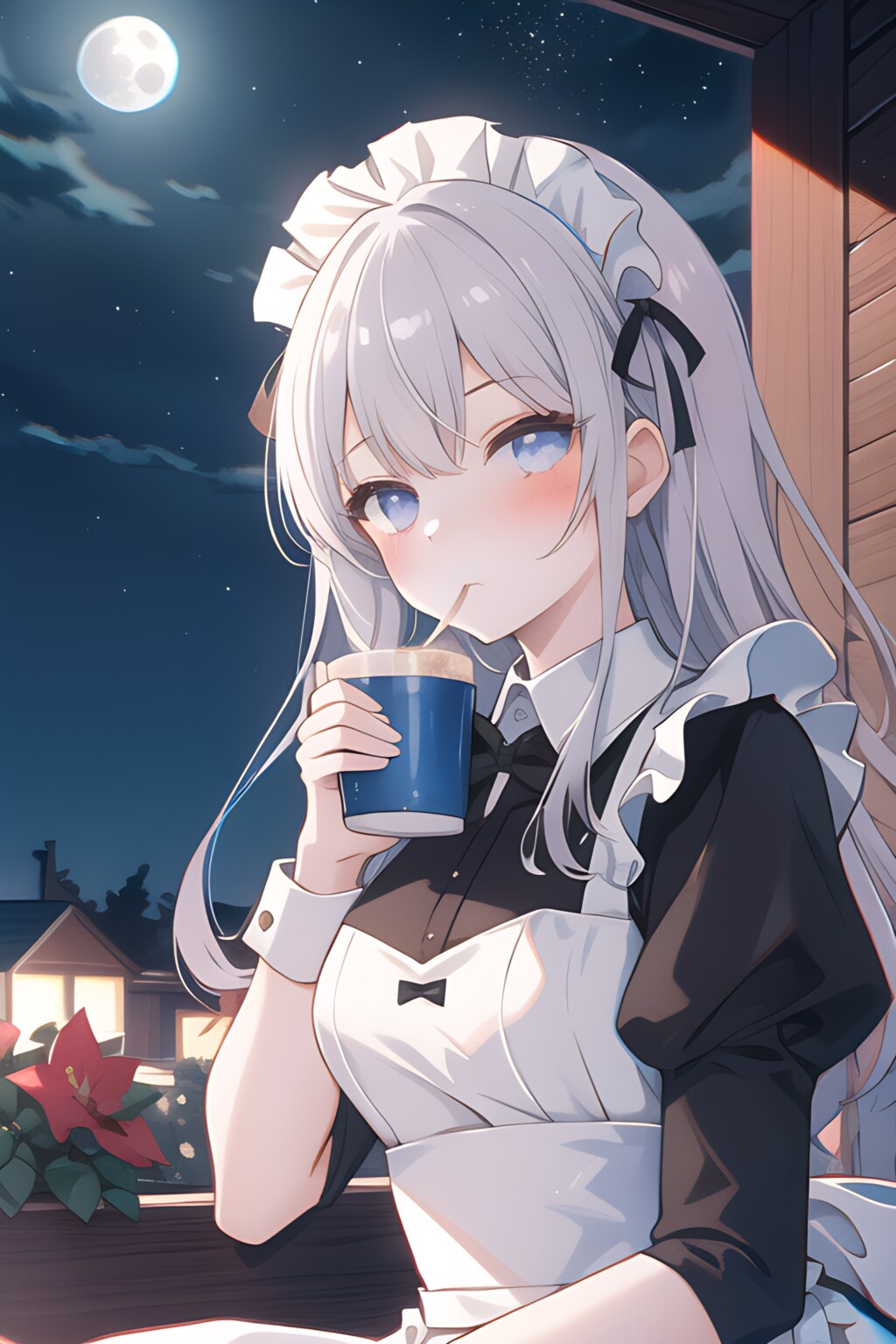 メイドさんがホットドリンクを飲む