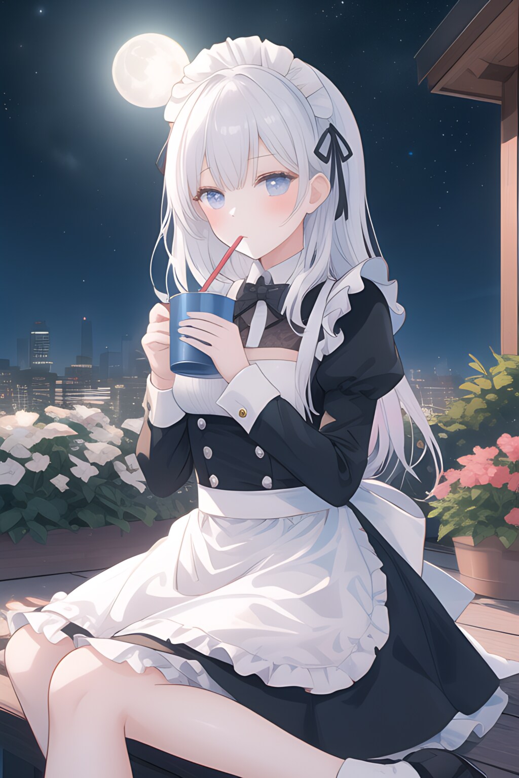 メイドさんがホットドリンクを飲む