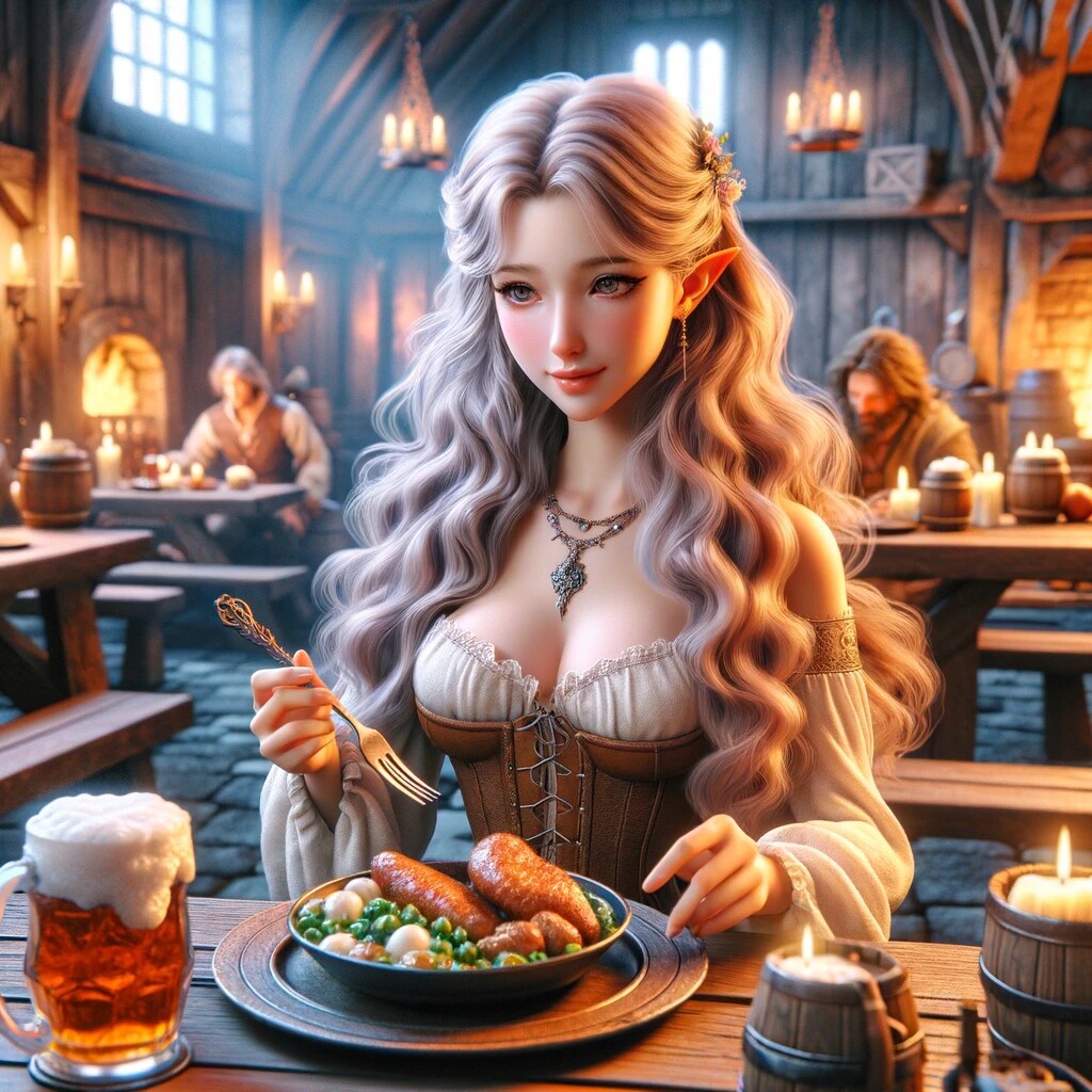 酒場でランチをとるエルフ美女