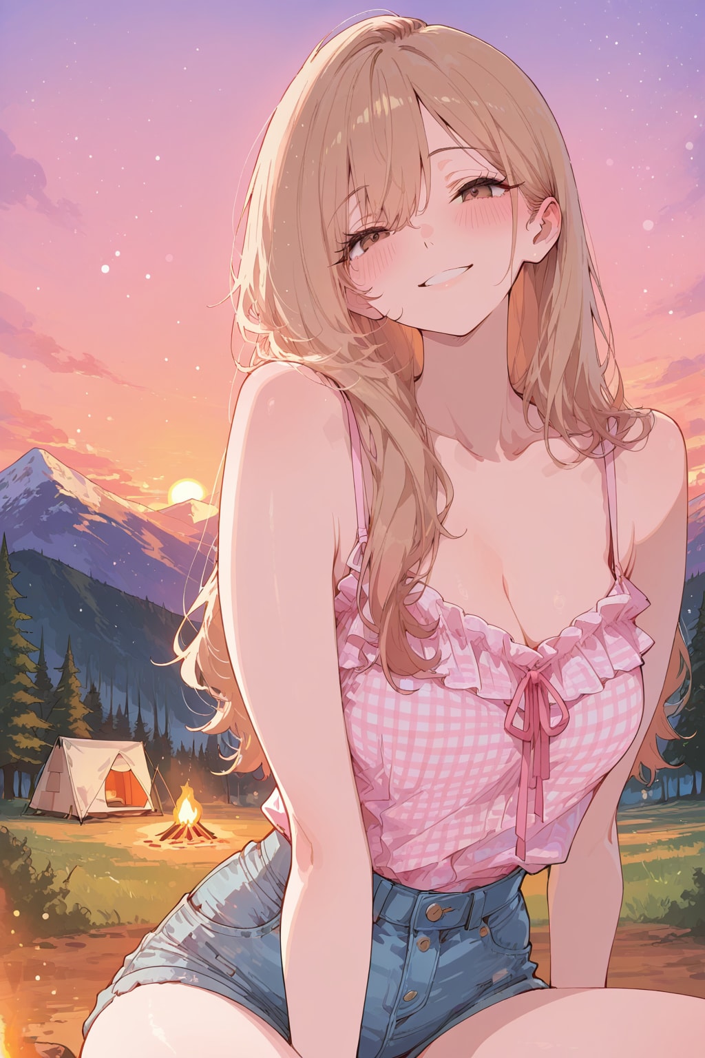 ギャルちゃんと山あいキャンプ場・夕暮れのアウトドアBBQ