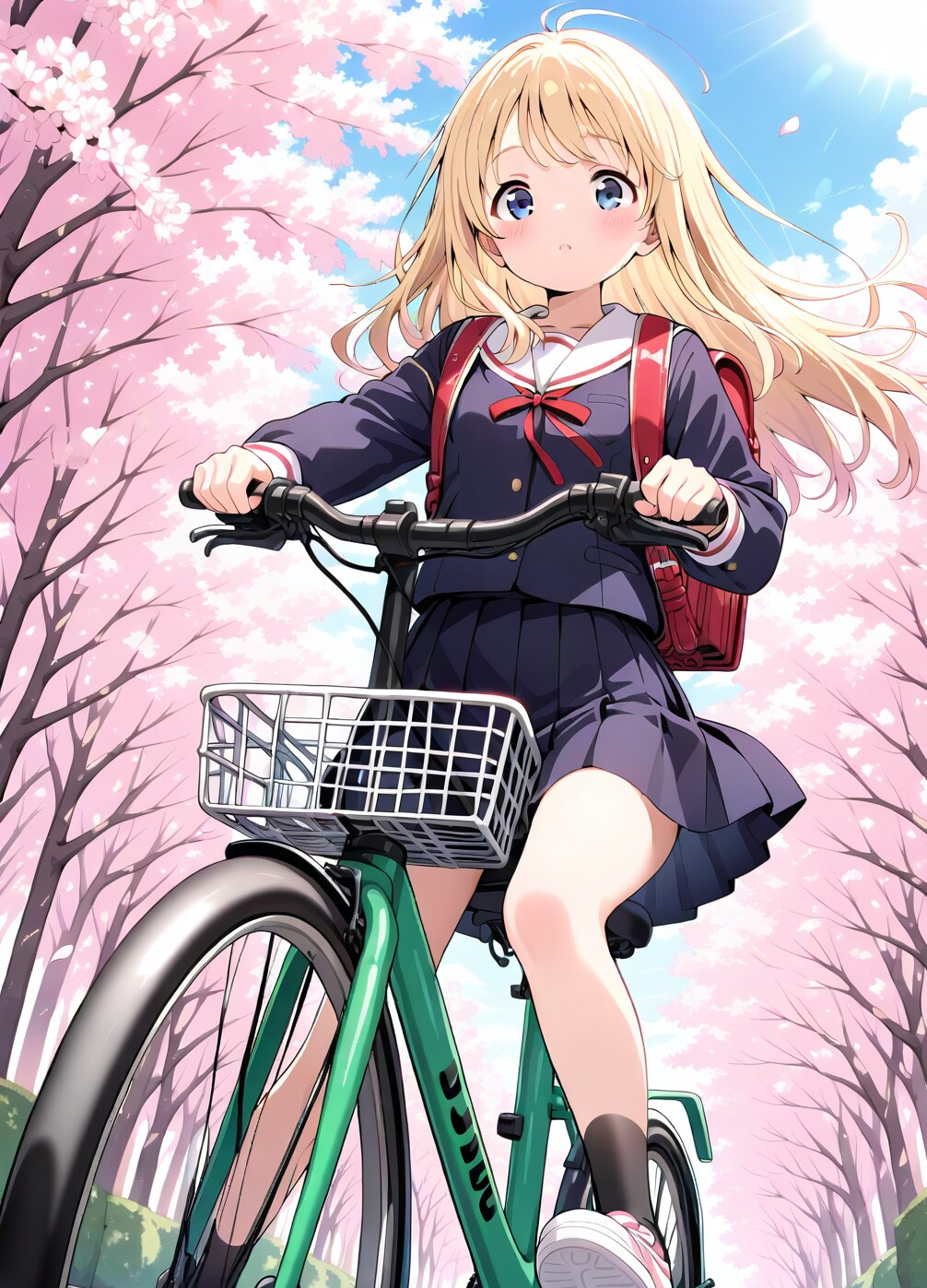 桜の下を自転車通学