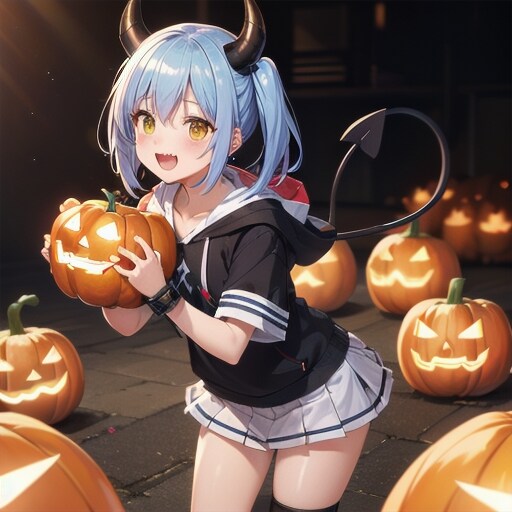 ジャックオーランタンを抱きしめる悪魔の少女