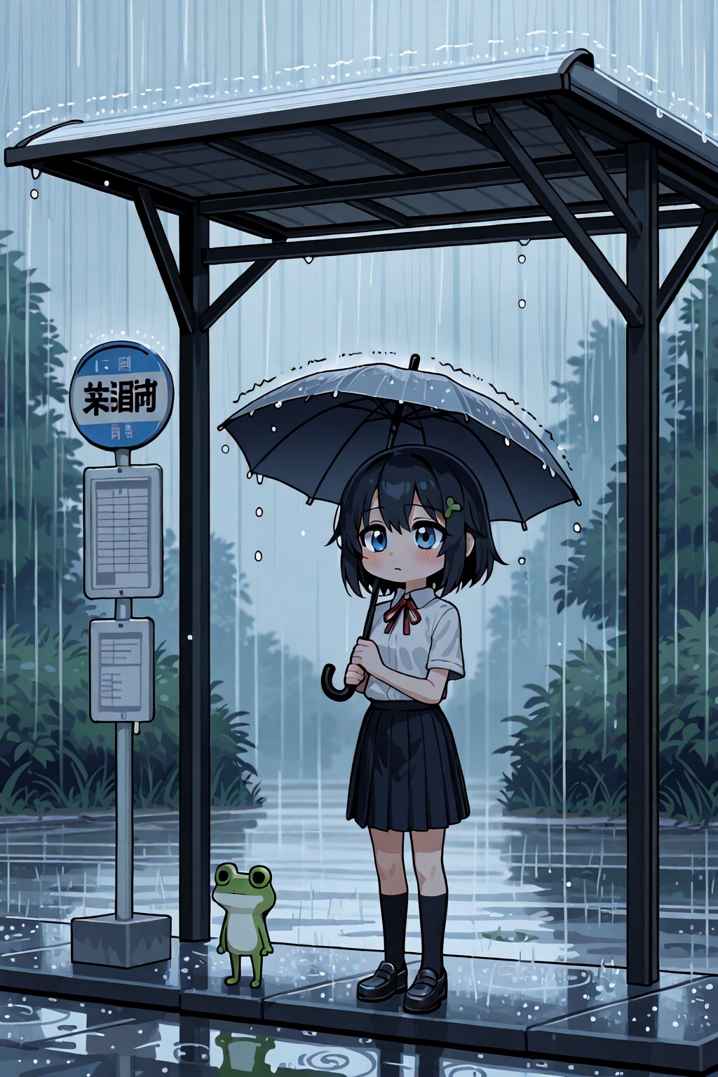 🐸カエルと待つバス停🌧️