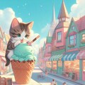 パステルカラー＆ファンタジー風　チョコミントカラーの町でチョコミントアイスを食べる子猫 2枚目
