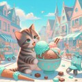 パステルカラー＆ファンタジー風　チョコミントカラーの町でチョコミントアイスを食べる子猫 3枚目